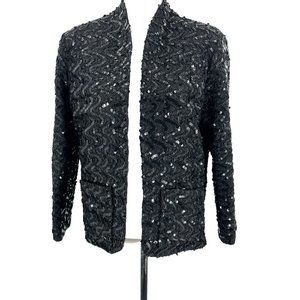 Miss H Jacket Blazer Black Sequins Long Sleeve Open Front Holiday Lined Medium